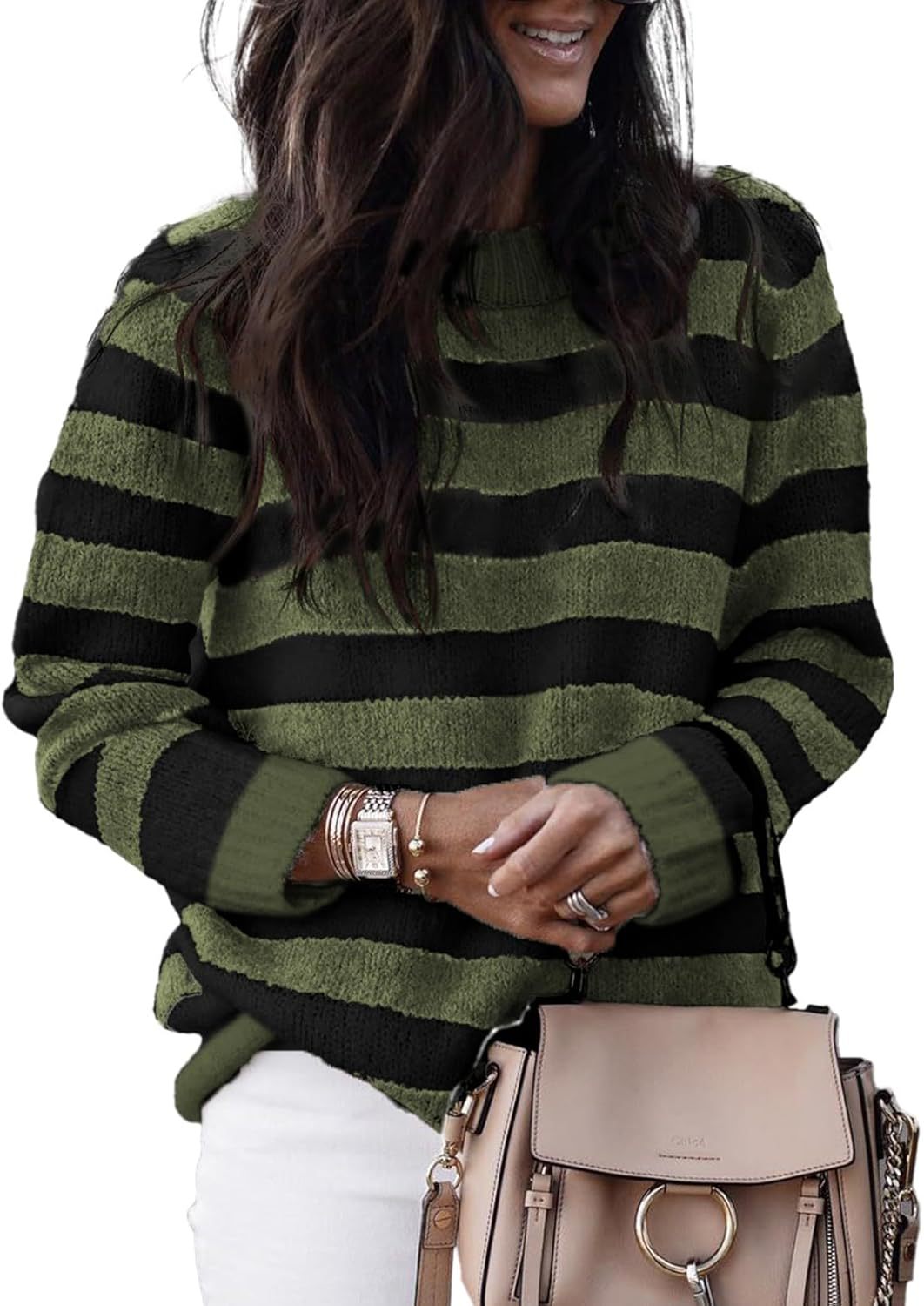 Damen lässiger Strickpullover mit breiten Querstreifen EB