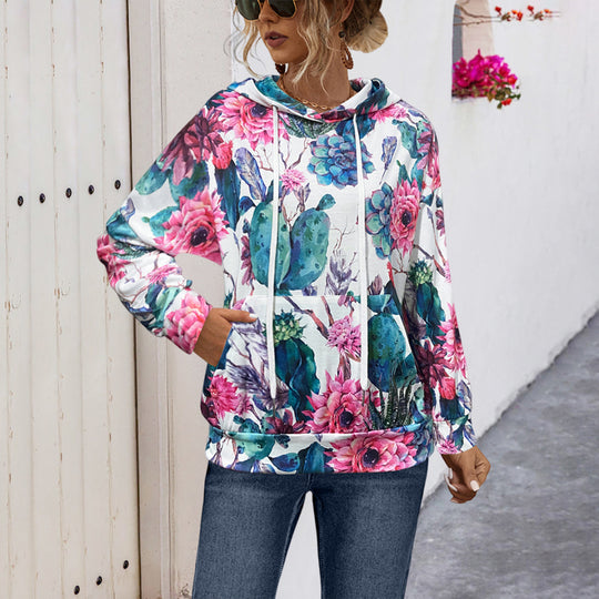 Damen Kapuzenpullover mit blühendem Blumenmuster und gemütlichem Schnitt EB