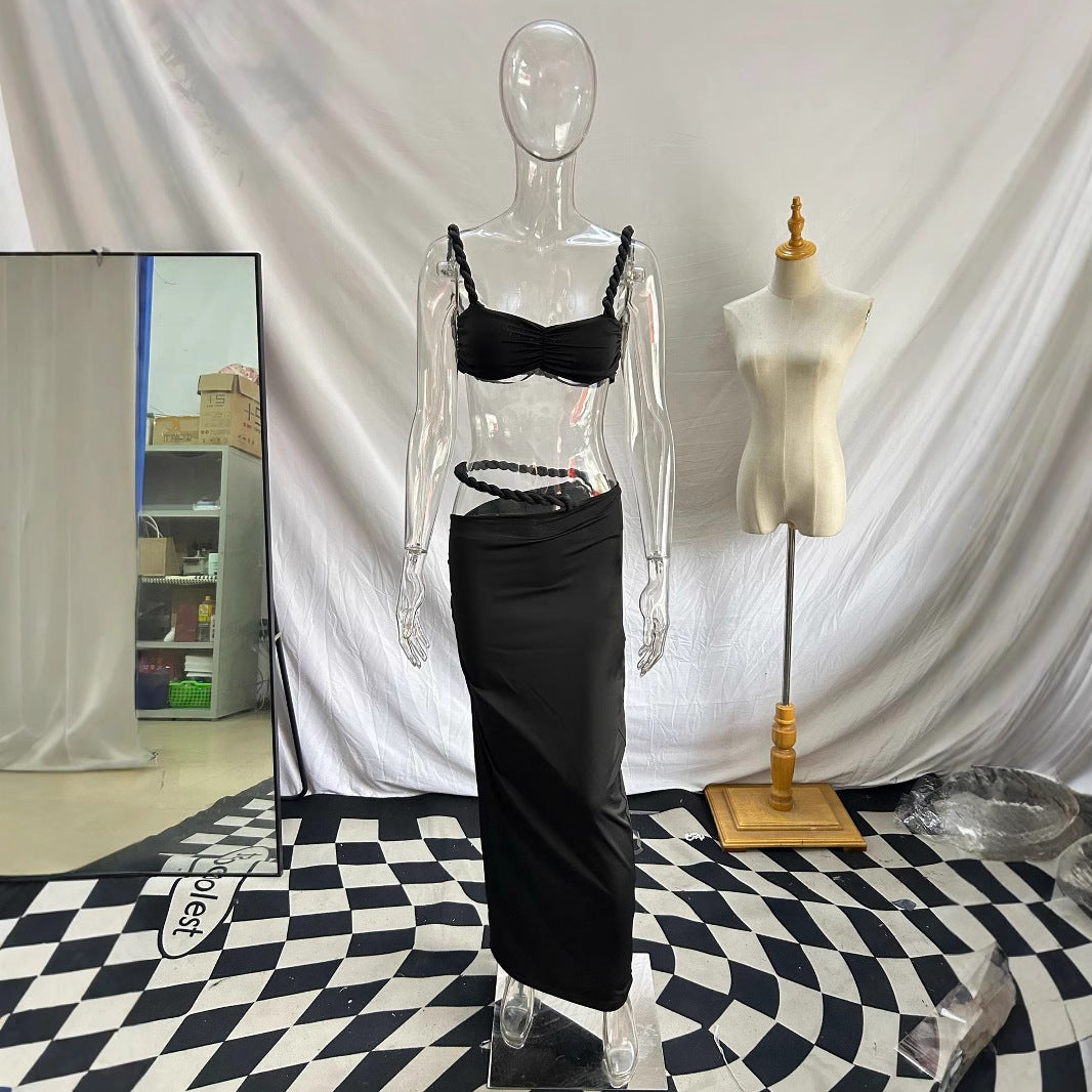 Damen Strandbekleidungs-Set mit geflochtenem Oberteil und elegantem Wickelrock EB