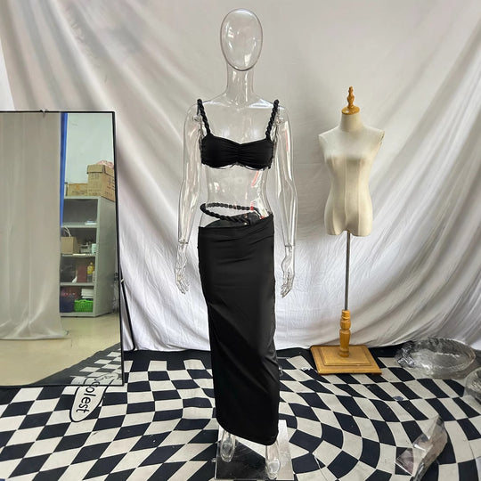 Damen Strandbekleidungs-Set mit geflochtenem Oberteil und elegantem Wickelrock EB