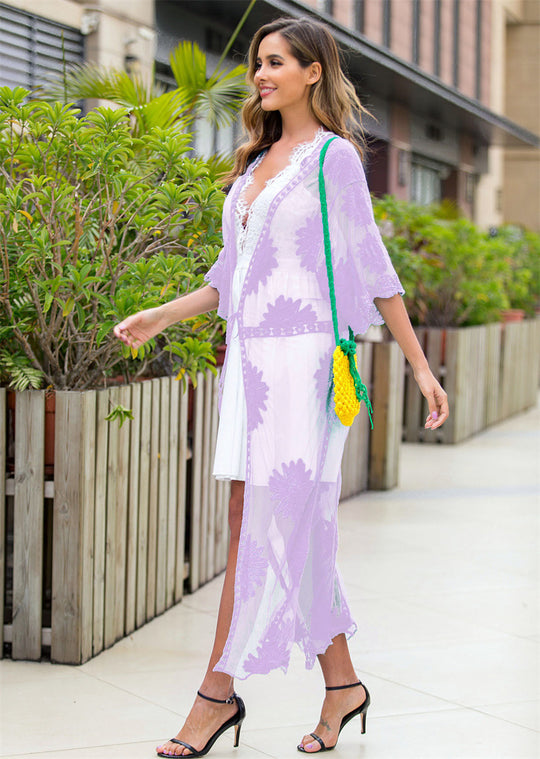 Damen elegante Häkel-Strandrobe mit floralen Details und tiefem V-Ausschnitt EB