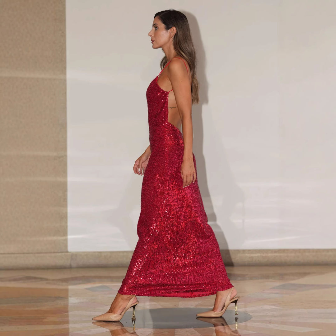 Damen Abendkleid mit glitzerndem Paillettenbesatz und elegantem V-Ausschnitt EB