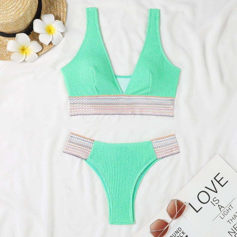 Damen Wellenmuster Bikini-Set mit tiefem V-Ausschnitt EB