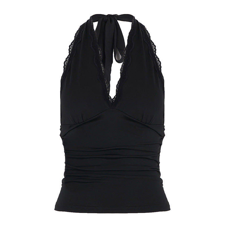 Damen Elegantes Haltertop mit aufregendem V-Ausschnitt und modischen Spitzenakzenten EB
