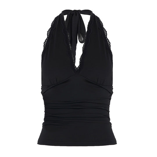 Damen Elegantes Haltertop mit aufregendem V-Ausschnitt und modischen Spitzenakzenten EB