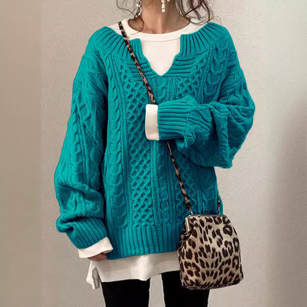 Damen Grobstrickpullover mit V-Ausschnitt und modischem Zopfdesign EB