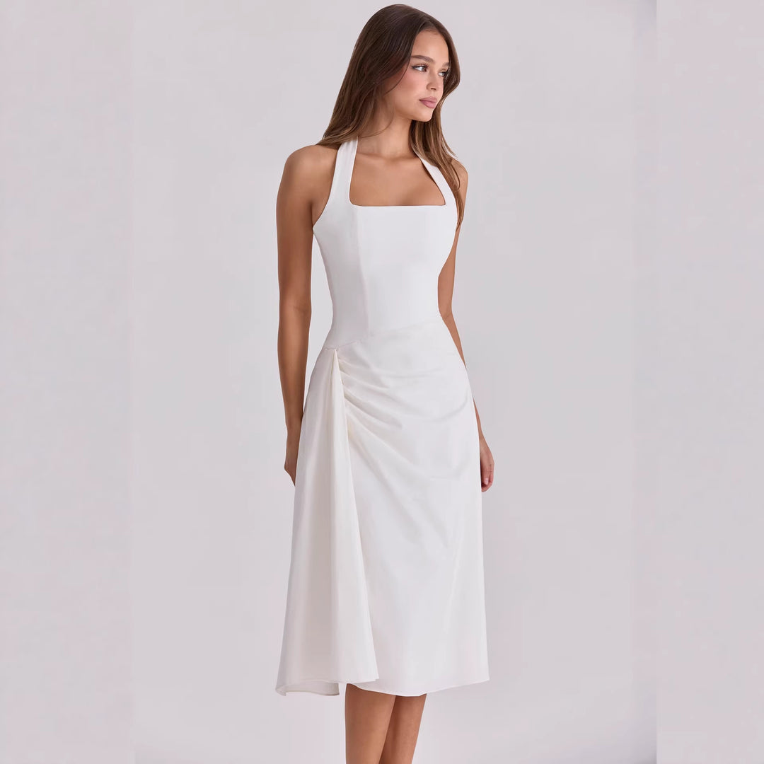 Damen Cocktailkleid mit seitlicher Drapierung und Halterneck-Design EB