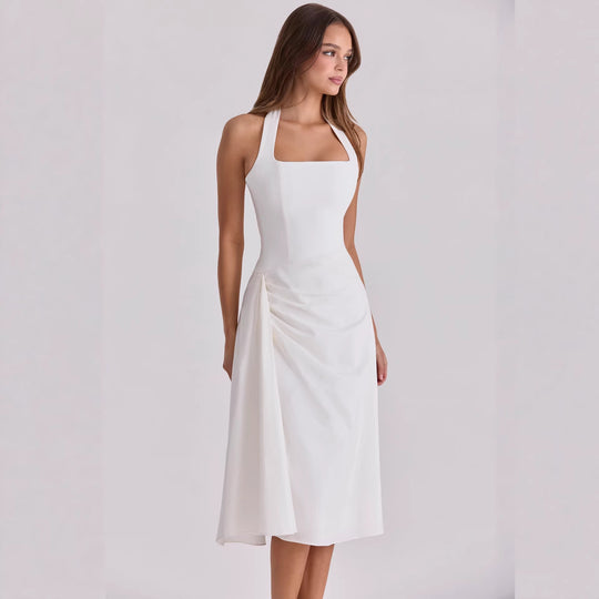 Damen Cocktailkleid mit seitlicher Drapierung und Halterneck-Design EB