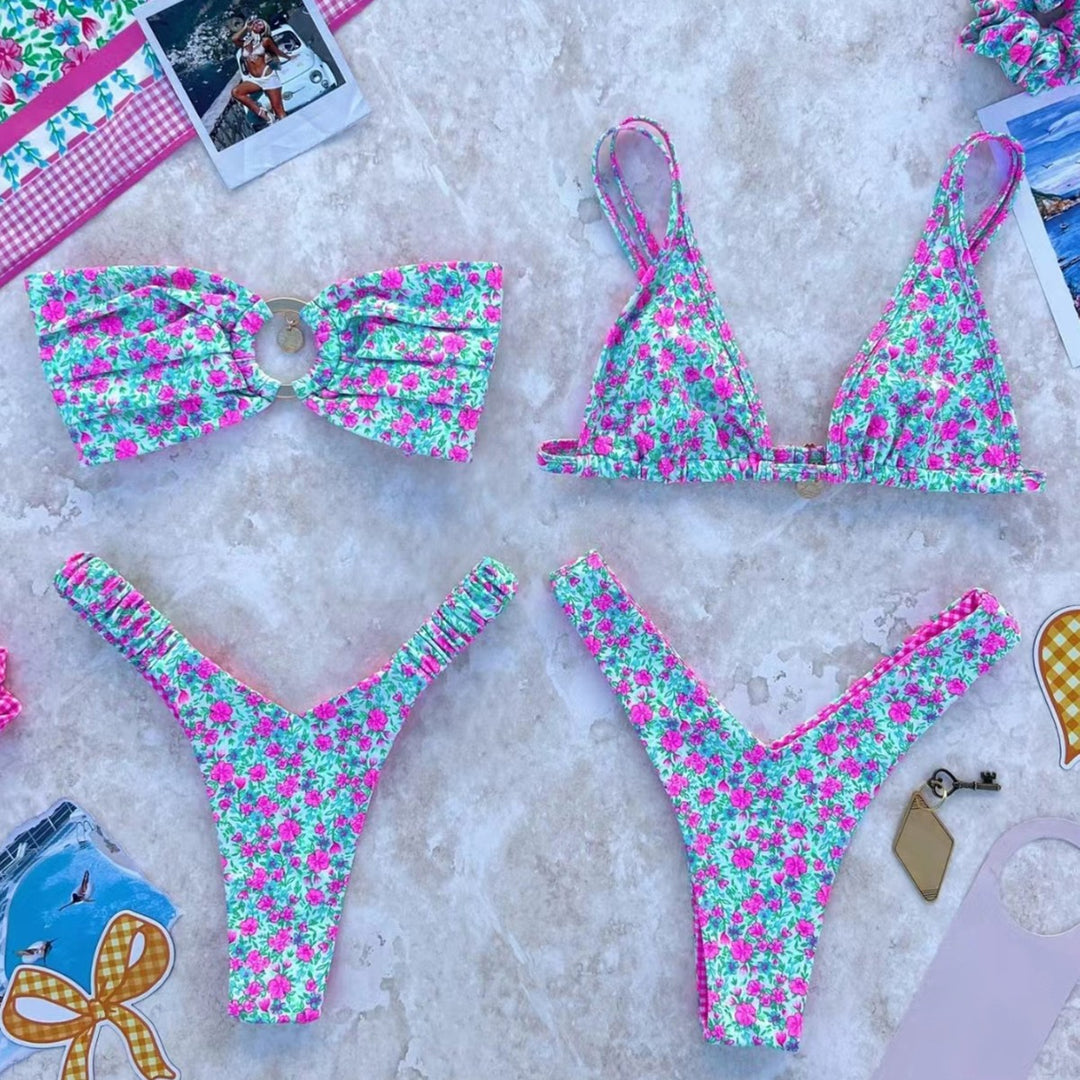 Damen Bikini-Set mit modischem Rüschendesign und floralem Muster EB