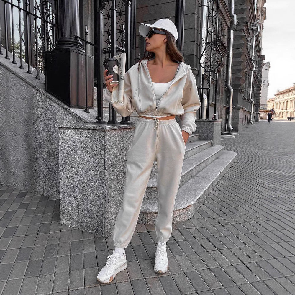 Damen kurzes Reißverschluss-Hoodie mit elastischem Bund und High-Waist Jogginghose aus Baumwollmix EB