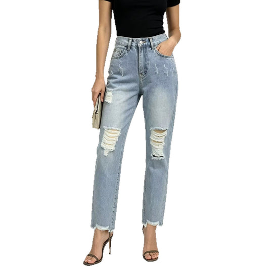Damen nan hochgeschnittene Straight Leg Jeans mit gezielten Rissdetails und rohem Knöchelabschluss EB