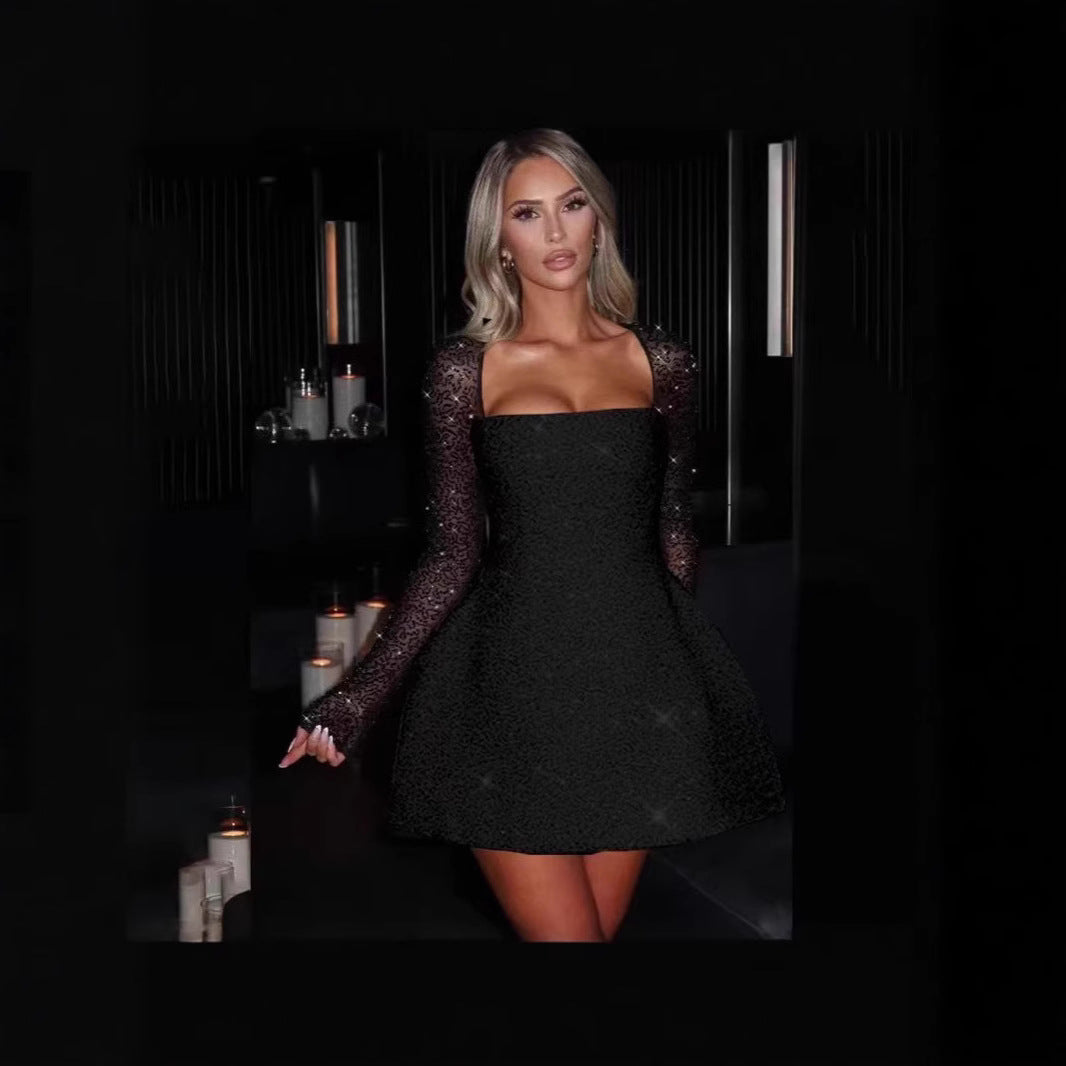 Damen Glamouröses Minikleid mit transparenten Spitzenärmel und figurbetontem Schnitt EB