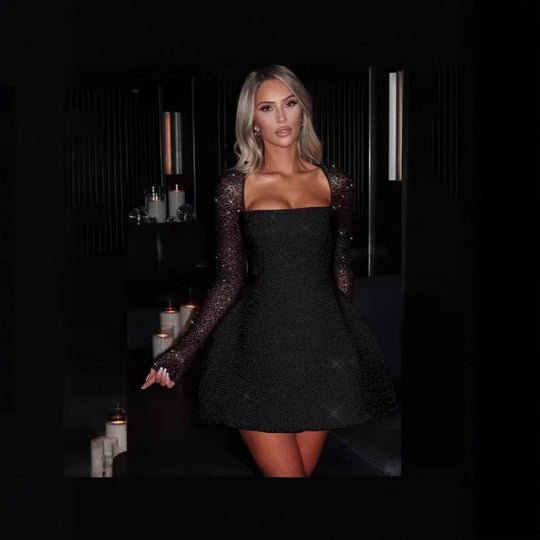 Damen Glamouröses Minikleid mit transparenten Spitzenärmel und figurbetontem Schnitt EB