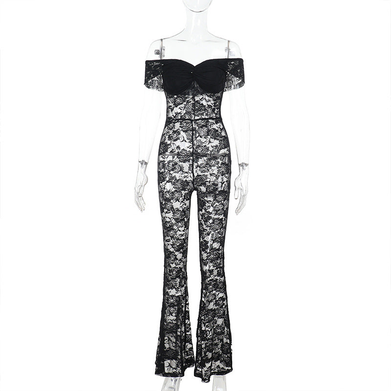 Damen Eleganter Spitzen-Jumpsuit mit schulterfreiem Design EB