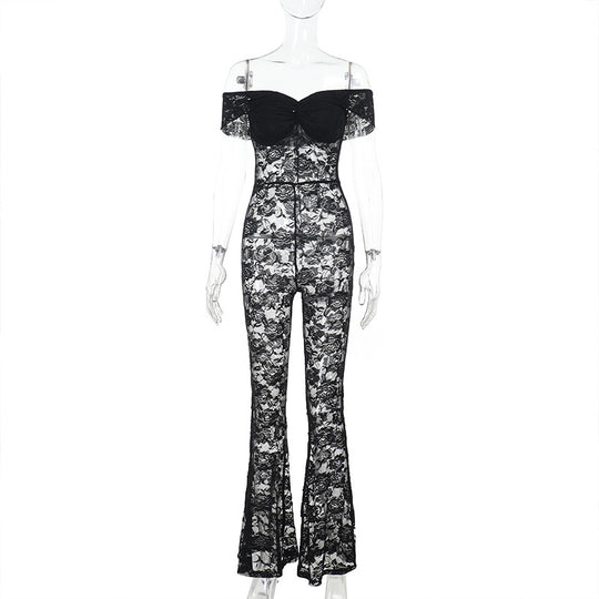 Damen Eleganter Spitzen-Jumpsuit mit schulterfreiem Design EB