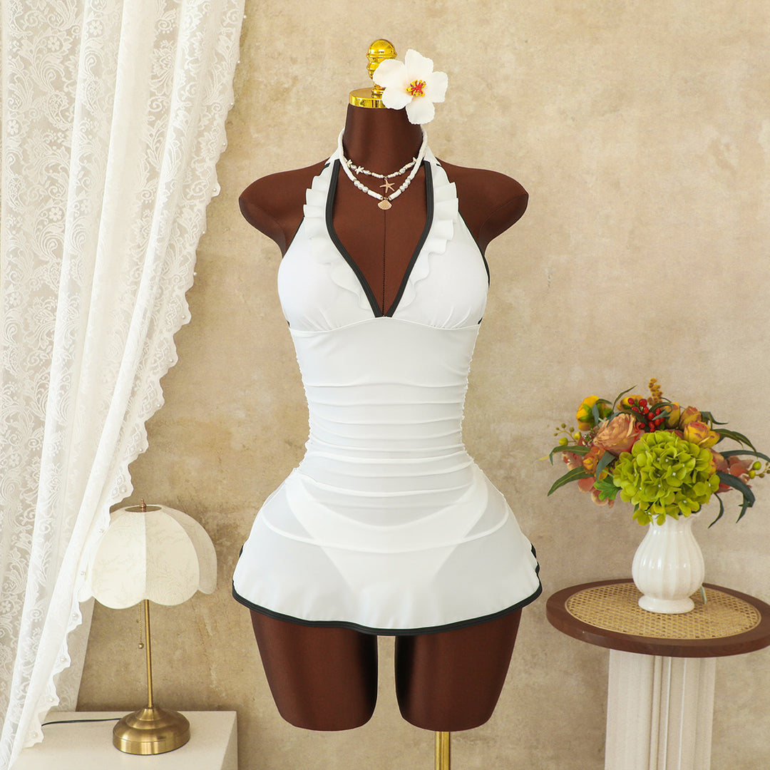 Damen Halter-Badeanzug mit voluminösem Rüschendesign EB