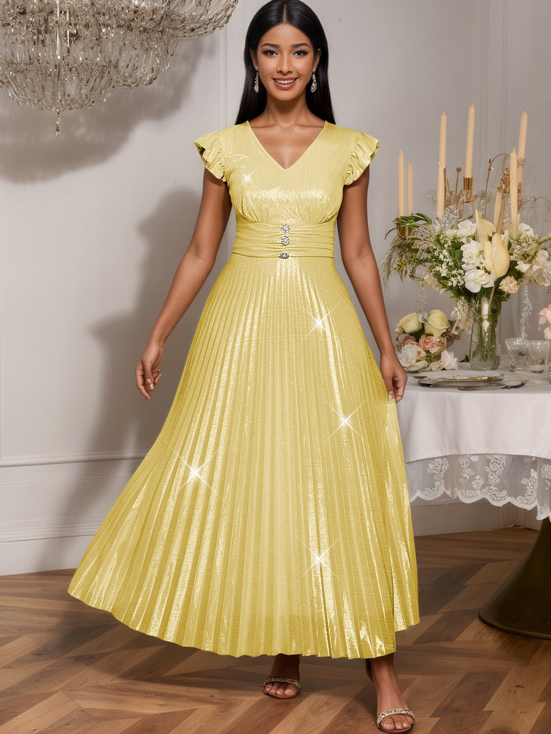 Damen elegantes Maxikleid mit schimmerndem Obermaterial und strukturiertem Taillenteil EB