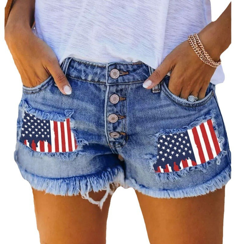 Damen Jeansshorts im trendy Vintage-Stil mit amerikanischem Motiv EB
