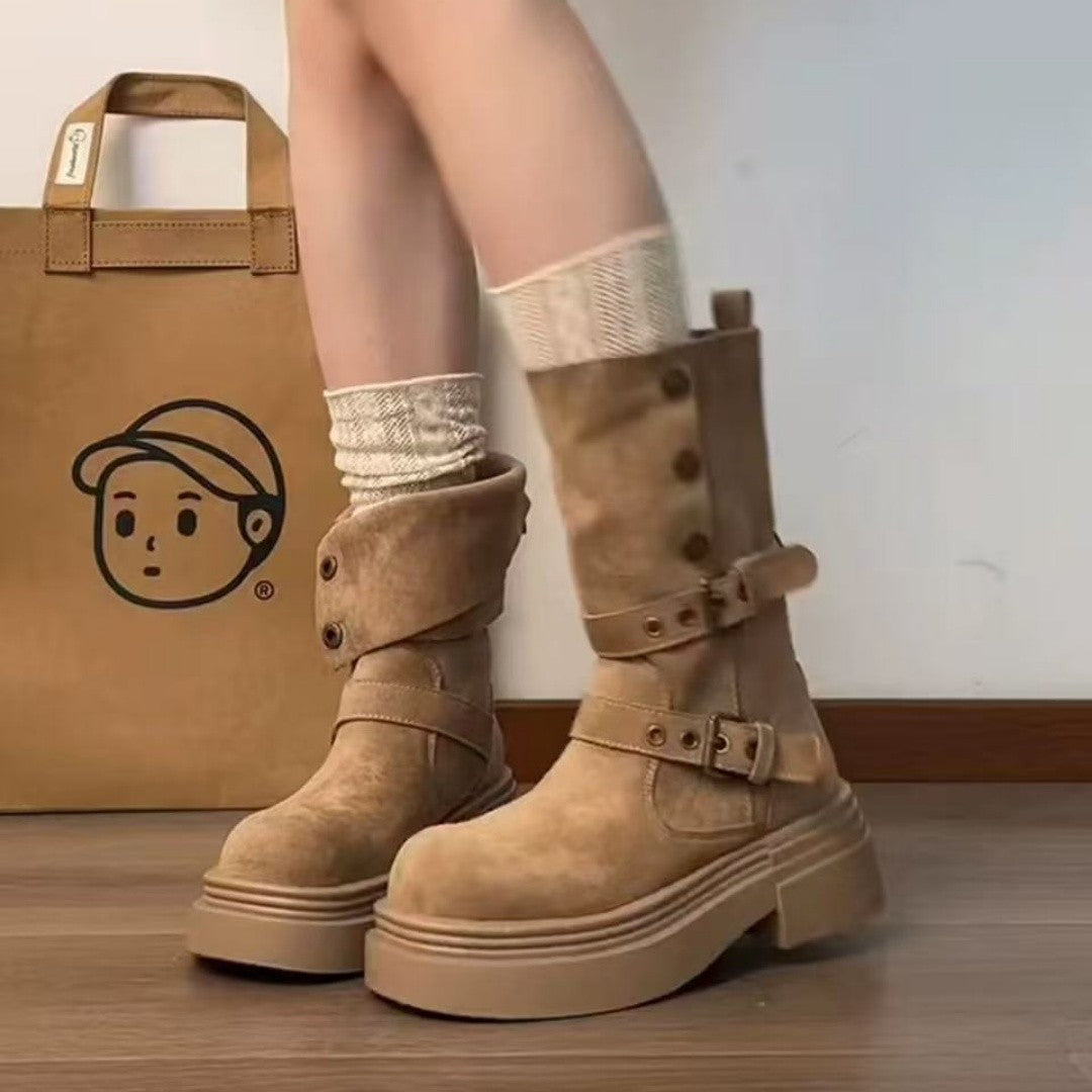 Damen Trendige Stiefel mit praktischem Schnallenverschluss und dicker Sohle EB