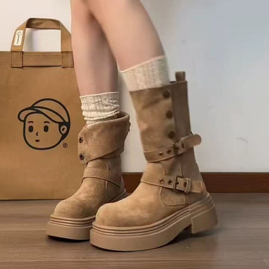 Damen Trendige Stiefel mit praktischem Schnallenverschluss und dicker Sohle EB