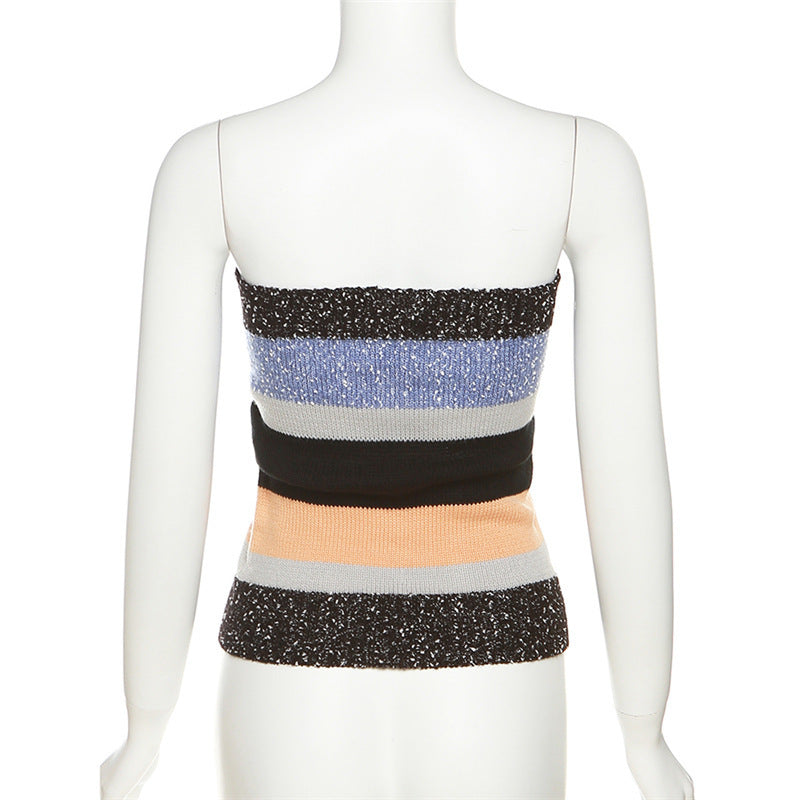 Damen Bandeau-Top mit bunten Streifen und dekorativen Knöpfen EB