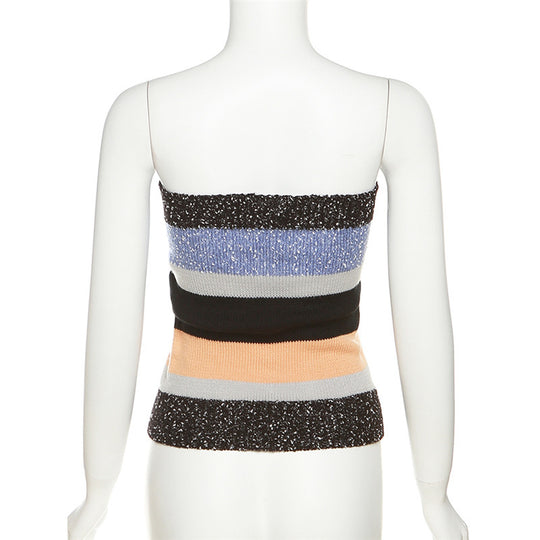 Damen Bandeau-Top mit bunten Streifen und dekorativen Knöpfen EB