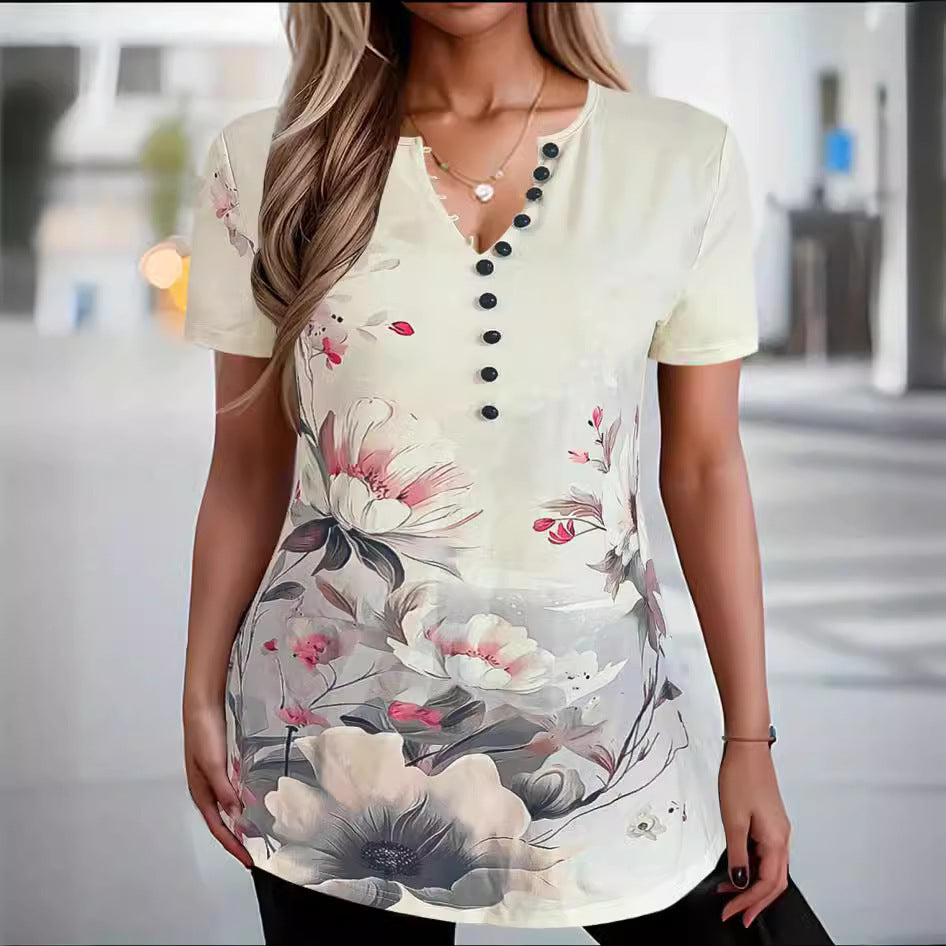 Damen lässiges Kurzarmshirt mit kreativen Farbverlauf und praktischen Knöpfen EB
