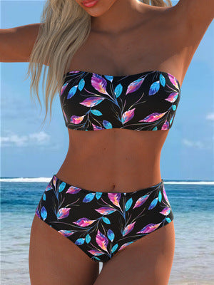 Damen Bandeau-Bikini mit hohem Taillenschnitt und kontrastierendem Blumendesign EB