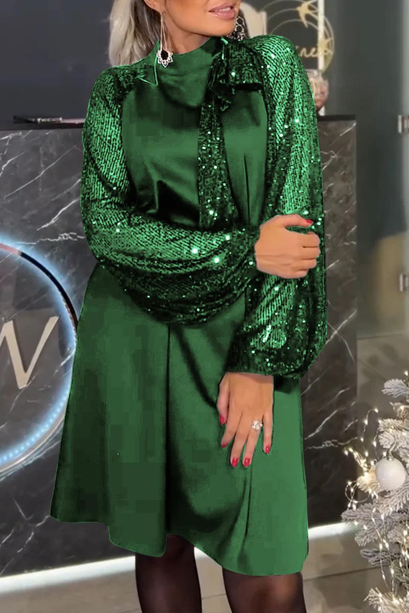 Damen Elegantes Kleid mit glitzernden Ärmeln und festlichem Kragen EB