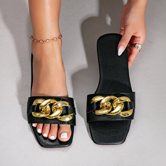 Damen elegante Mules mit goldfarbenem Kettenakzent EB