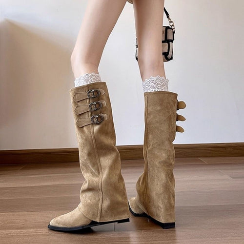Damen Überknie Stiefel mit modischen Schnallen und hochwertigem Leder EB