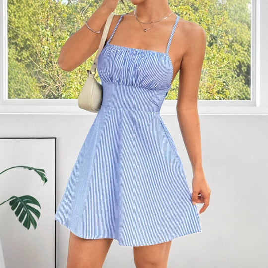 Damen A-Linien Sommerkleid mit schmalen Trägern und raffiniertem Wickeldetail EB