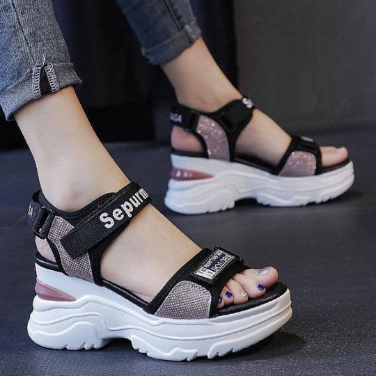 Damen Wedge-Sandalen mit elastischen Riemen und rutschfestem Fußbett EB