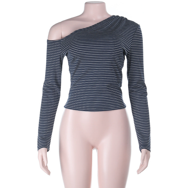 Damen Schulterfreies gestreiftes tailliertes Langarm-Top mit asymmetrischem Ausschnitt EB