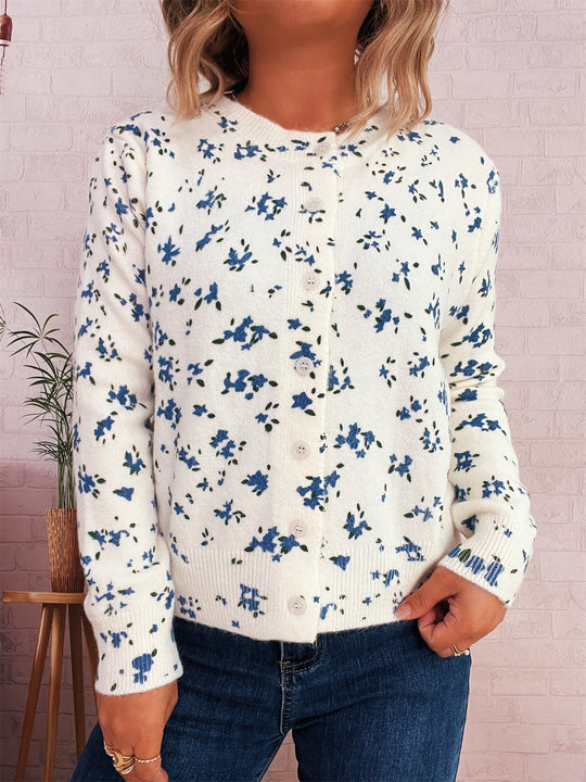 Damen gemütliche Strickjacke mit floralen Mustern und Knopfverschluss EB