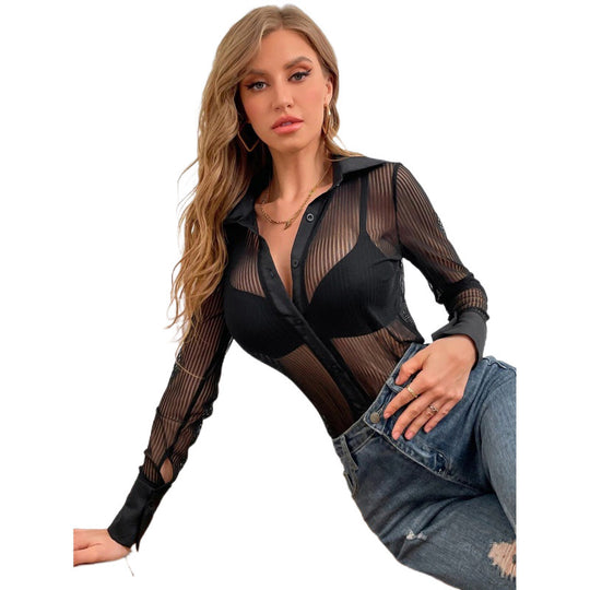 Damen durchsichtige paneelierte Bluse mit Knopfleiste EB