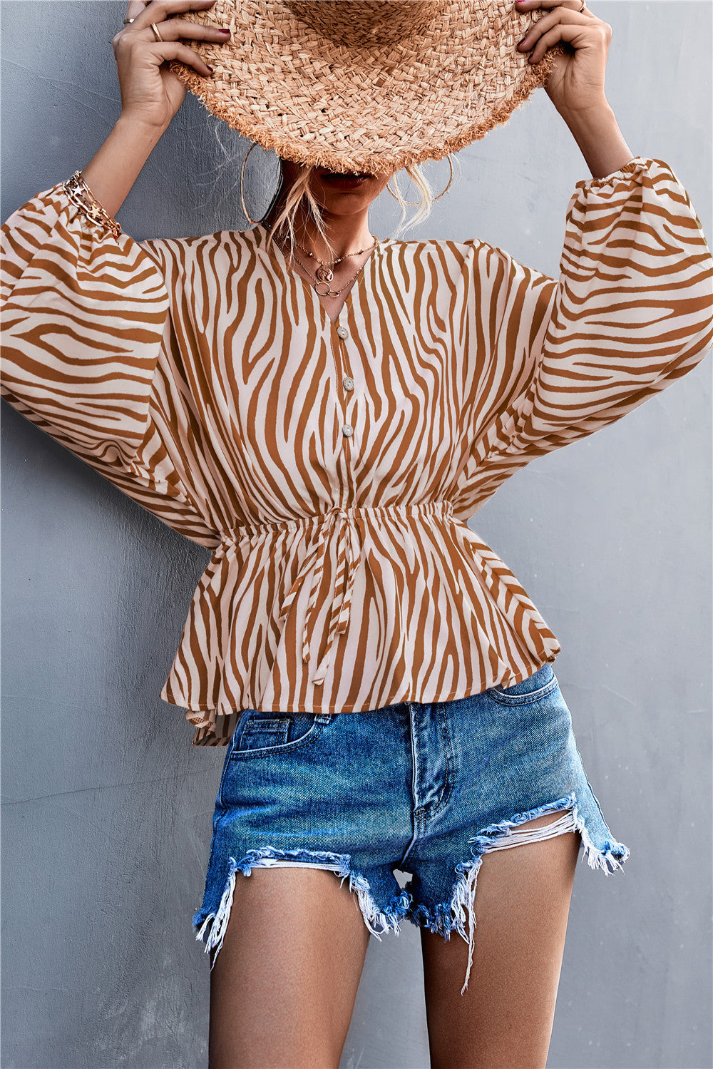 Damen Oversize Bluse mit Zebra-Print und taillierter Raffung EB