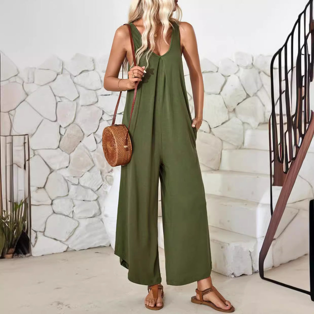 Damen luftiger Jumpsuit mit weitem Bein und praktischen Taschen EB