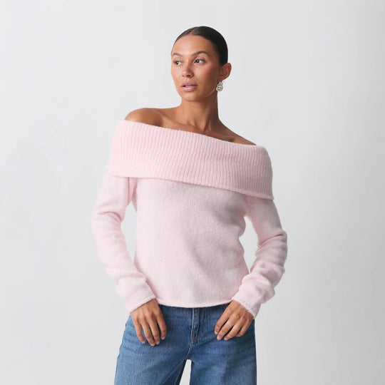 Damen nan Off-Shoulder Grobstrickpullover mit breitem Umschlagkragen und lässiger Oversize-Passform EB