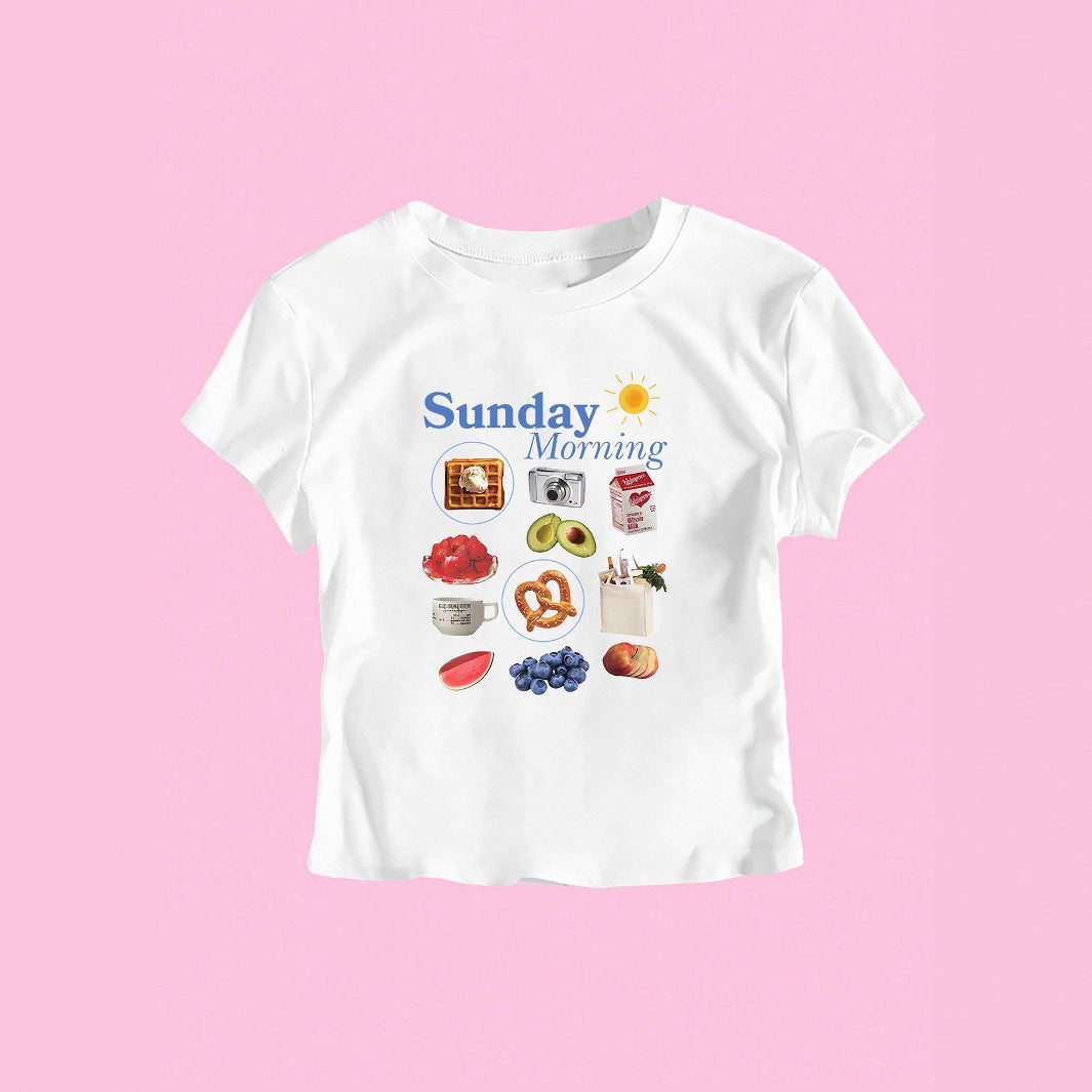 Damen T-Shirt mit kreativem Frühstücksmotiv und modernem Schriftzug EB