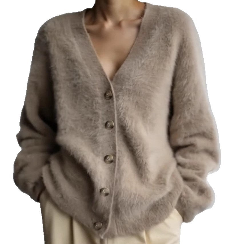 Damen Flauschiger Eyelash-Mix Oversize-Cardigan mit V-Ausschnitt und dekorativen Holzknöpfen EB