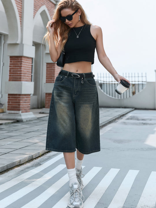 Damen Weite Denim-Culottes mit hohem Bund und praktischen Seitentaschen EB