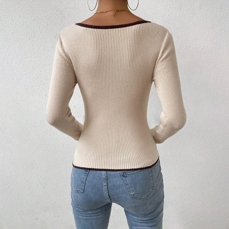 Damen Langarm-Bodysuit mit V-Ausschnitt und Kontrastdetails EB