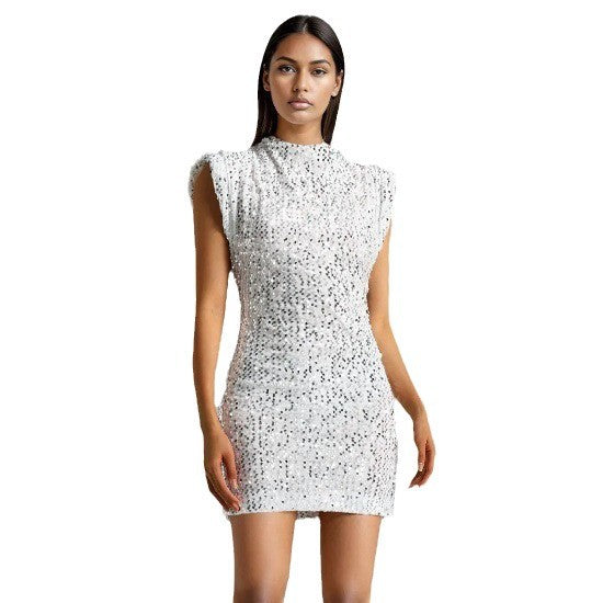 Damen Glitzerndes Minikleid mit elegantem Stehkragen und schimmernden Pailletten EB