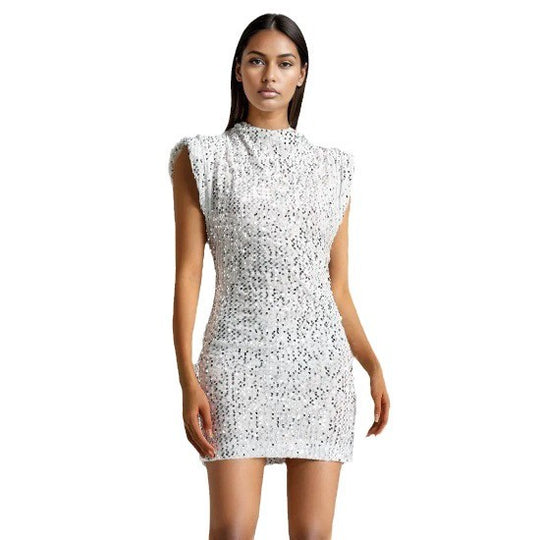 Damen Glitzerndes Minikleid mit elegantem Stehkragen und schimmernden Pailletten EB