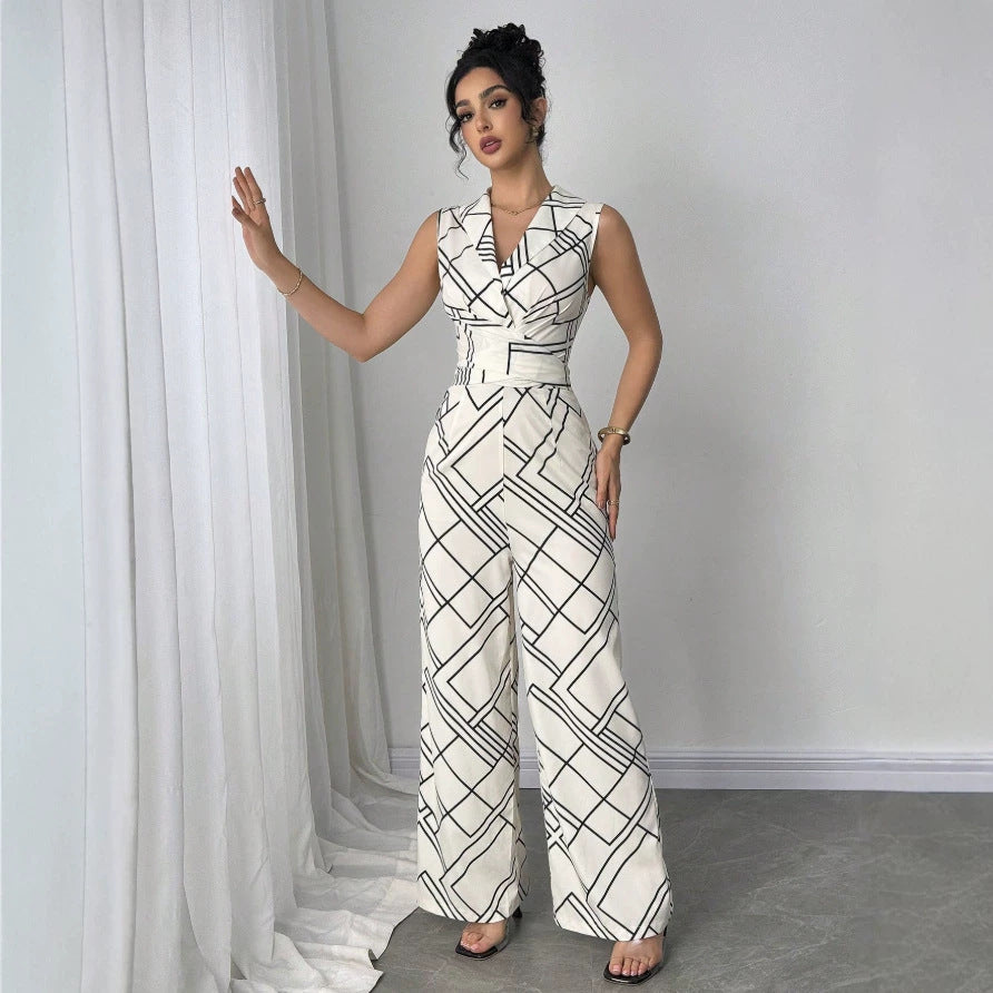 Damen Eleganter Jumpsuit mit geometrischem Muster und taillierter Passform EB
