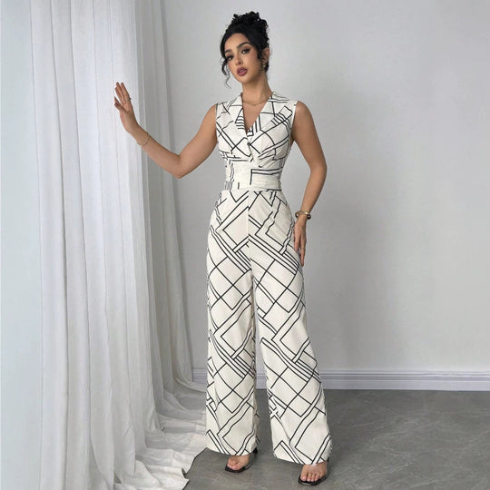 Damen Eleganter Jumpsuit mit geometrischem Muster und taillierter Passform EB