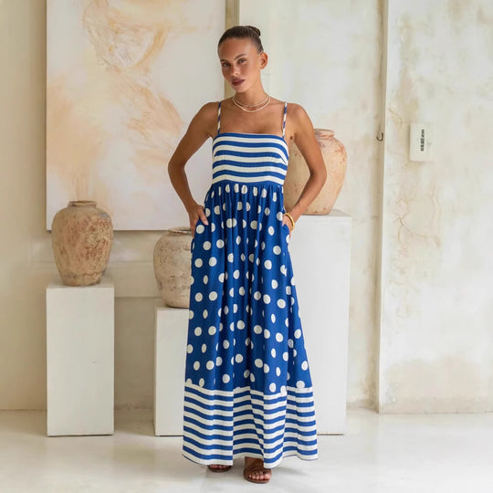 Damen Maxikleid mit gerafftem Oberteil und verspieltem Punkt- und Streifenmuster EB