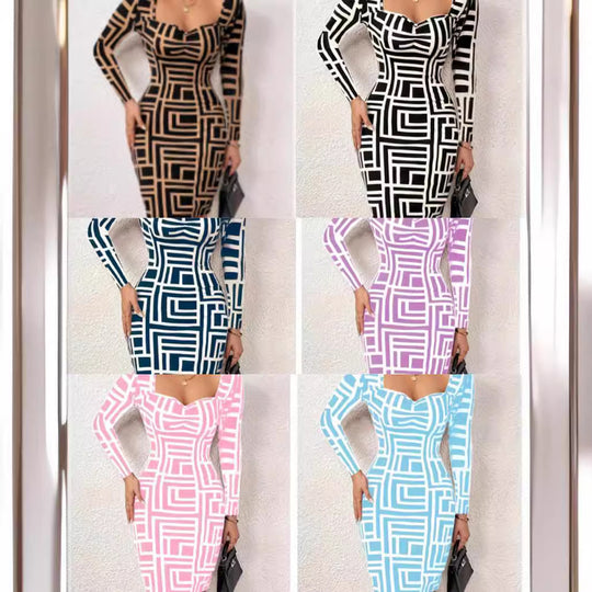 Damen Figurbetontes Langarmkleid mit geometrischem Muster und kreativem Ausschnitt EB