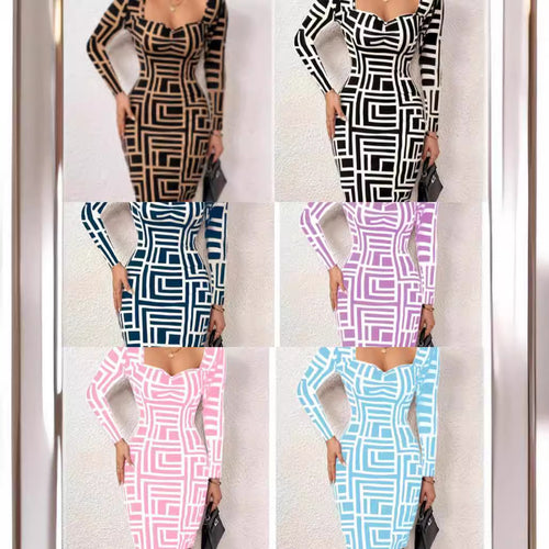 Damen Figurbetontes Langarmkleid mit geometrischem Muster und kreativem Ausschnitt EB